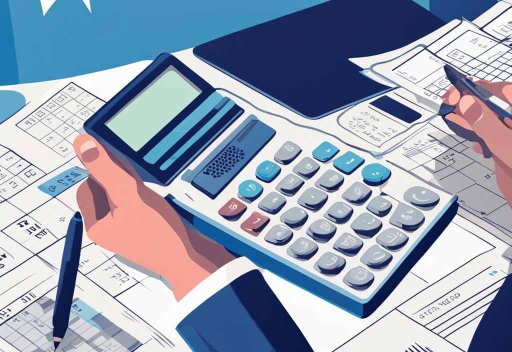 Moderne geometrische Illustration in Blau, Hände mit Taschenrechner und Stift, Tisch mit Rechnungen, Quittungen und Budgetierungstabelle im Hintergrund.