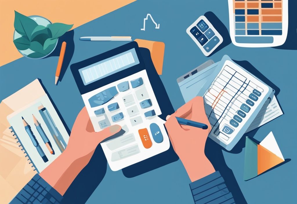 Moderne geometrische Illustration mit blauer Farbgebung: Hände halten einen Taschenrechner und einen Stift über einem Tisch mit Rechnungen, Quittungen und einer Tabelle mit einem monatlichen Budgetplan.