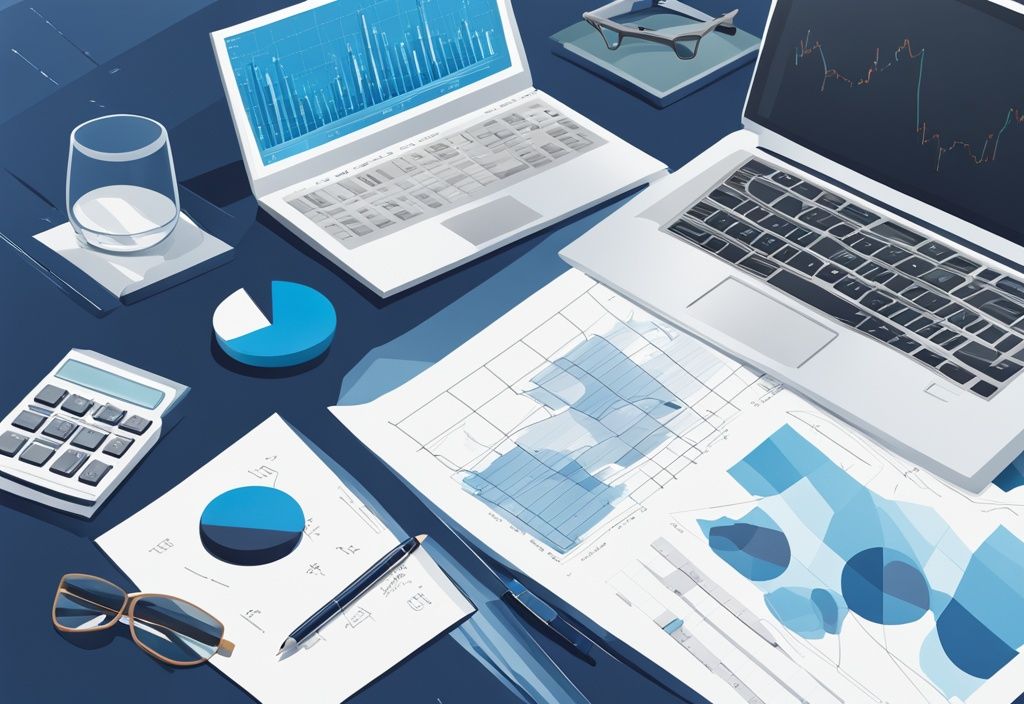 Moderne geometrische Illustration mit blauem Farbthema, diverse Finanzdiagramme, Grafiken und Dokumente auf einem eleganten Schreibtisch, mit einer Brille und einem Taschenrechner, ideal für Portfolio Analyse.