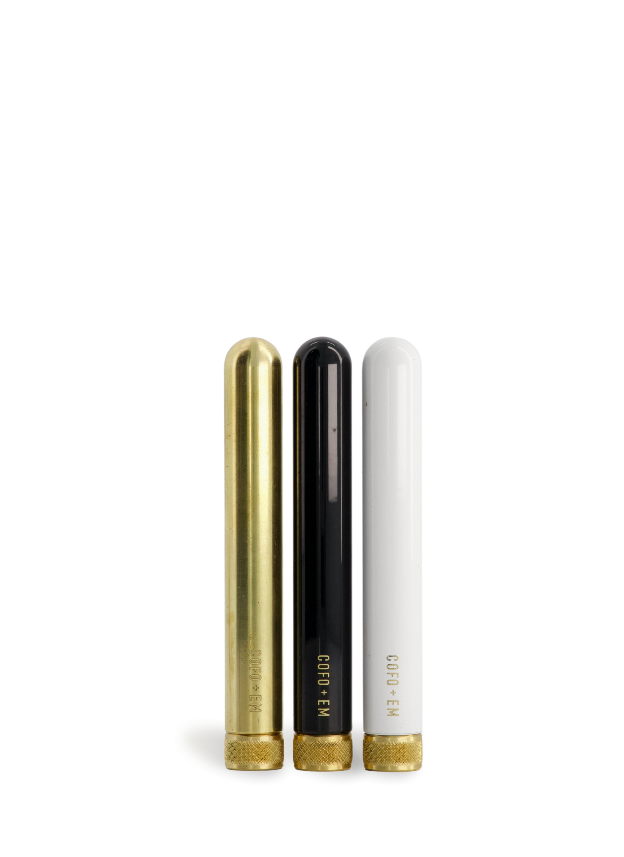 Crafted in Toronto, Canada from 100% solid brass, The Doob Tube is a favorite from the Ellie Mae and Cofo collab. The pop-off lid lined with a smell-proof ring is made for 100% discrete travel. The hand-polished finish in classic brass and high gloss powder coat (eco-friendly of course) in black or white make The Doob Tube the travel statement your sacred plants deserve. With air-tight discretion and the satisfying "pop" of the cap, you'll find yourself rolling in advance just for pleasure.