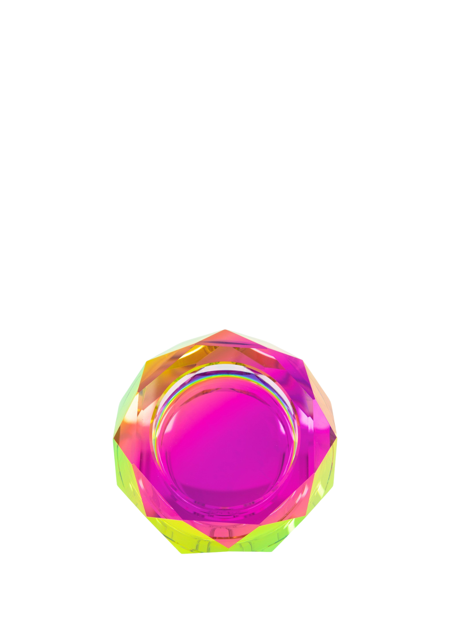 Bring a rainbow into your home! The Regenbogen series is handmade from heavy crystal. Treated with a special chromatic film on the underside, the Fundamental Berlin design exaggerates and distorts crystal’s natural ability to break light into the seven rainbow colours. This substantial bowl is an eye-catching centrepiece for a coffee or display shelf.