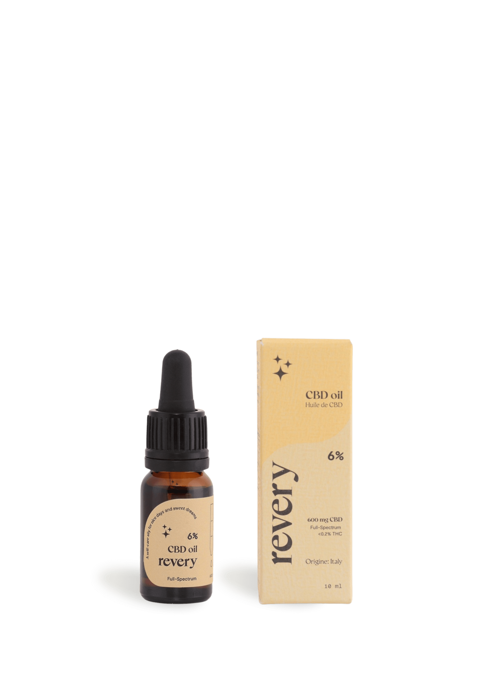 Revery's full-spectrum EU-certified CBD oil is a CO2 extracted oil from Italy. With a touch of lemon extract to balance out the earthy taste of hemp, it's a great-tasting CBD oil to add to your self-care routine. Perfect to take under your tongue or to mix into your favorite drink or recipe.