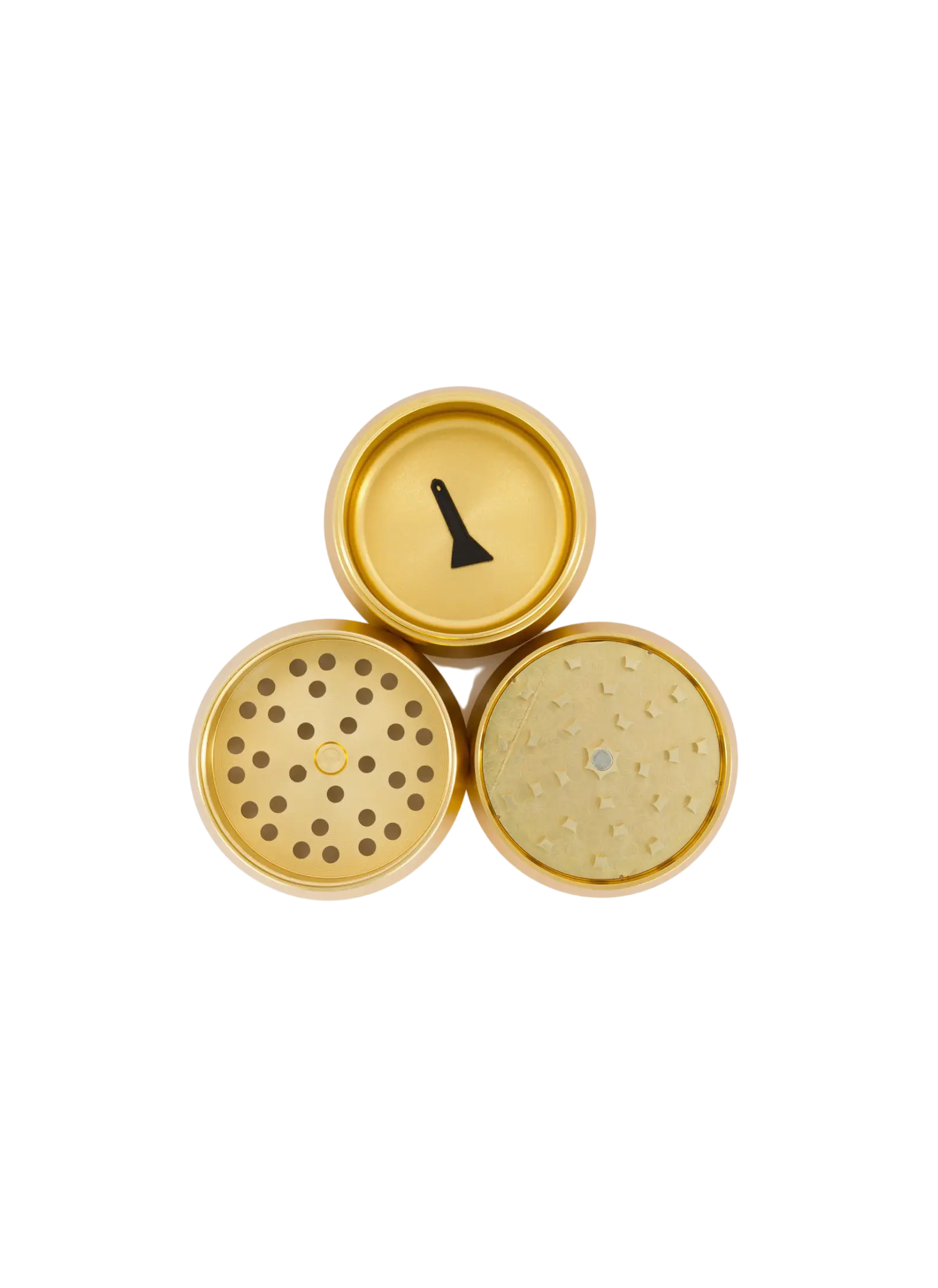 Impressively wide, the Gilded Grinder by Sackville demands attention and can serve the masses. Perfect for parties or infusion prep, the 3-Tier system can handle various types of sacred plants due to its size and powerful diamond-shaped teeth.