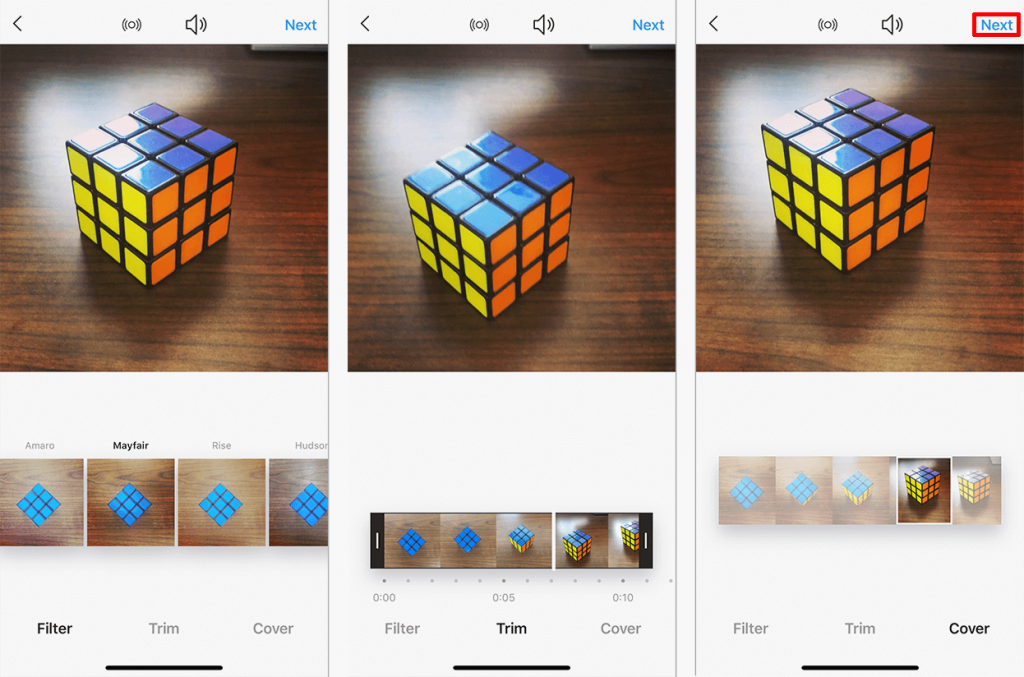 Instagram video upload - choosing filters, trimming the video and selecting a cover image