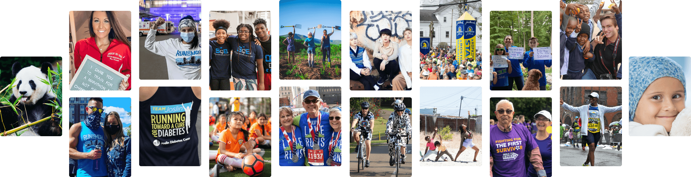 A collage of different fundraiser and charity images. Examples include people running marathons for charity