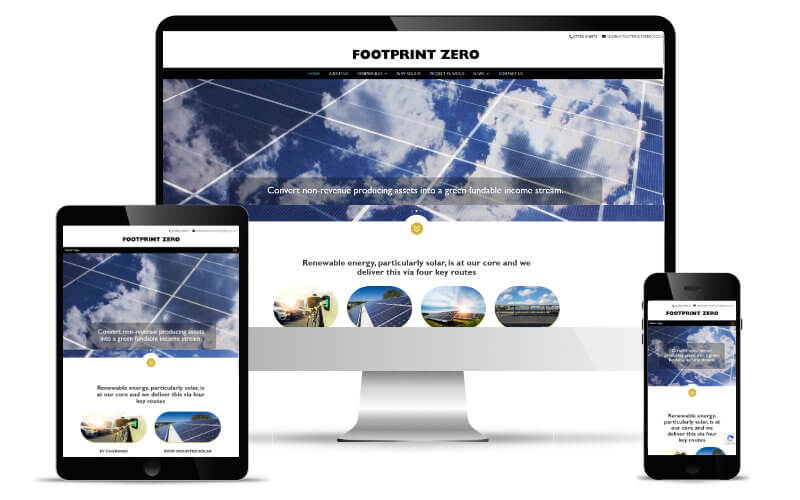 Footprint Zero's website shown in Desktop, Tablet and Mobile views.
