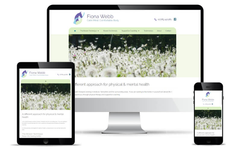 Fiona Webb's website shown in Desktop, Tablet and Mobile views.