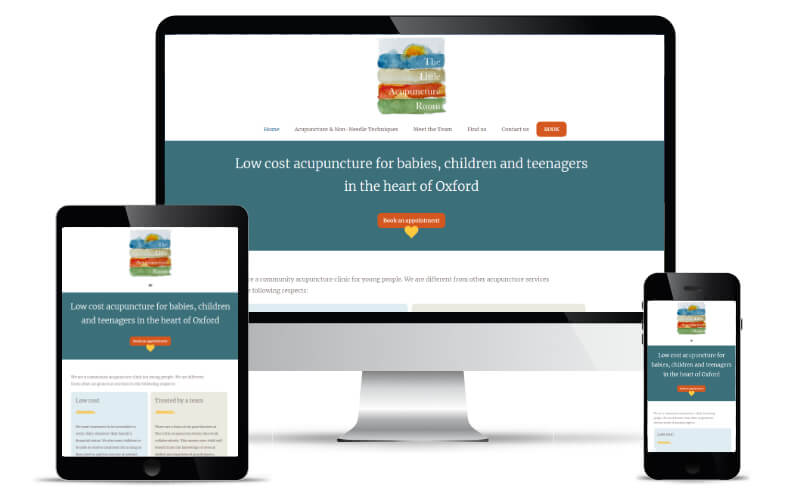 The Little Acupuncture Room's website shown in Desktop, Tablet and Mobile views.