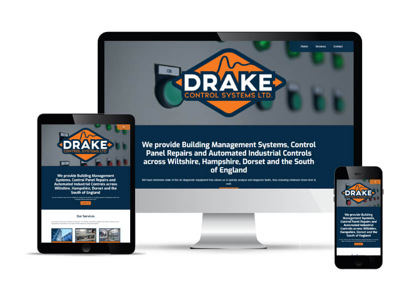 Drake Control's website shown in Desktop, Tablet and Mobile views.
