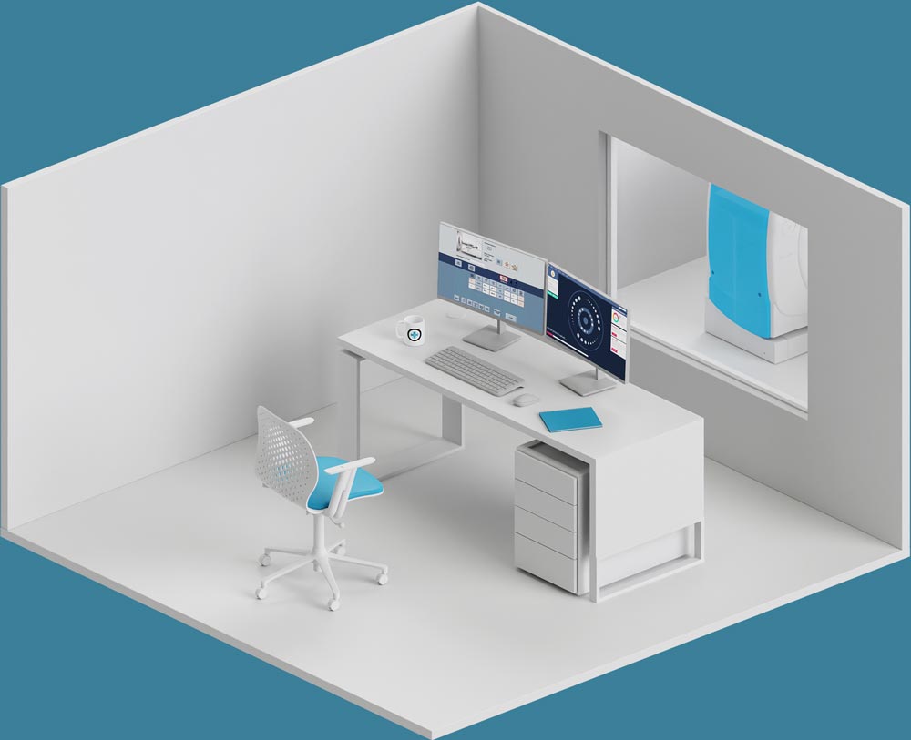 An isometric wiev of a computed tomography control room. There ia a desk in the middle with two displays and a keyboard on top, a chair near the desk and a window with a view at the CT room in front.