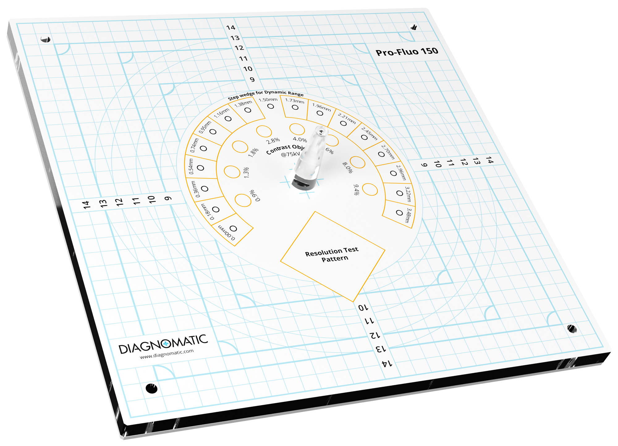 Pro-Fluo 150. A white, plastic square with grids and measures printed on the surface, having plastic trasparent cone mounted in the middle.