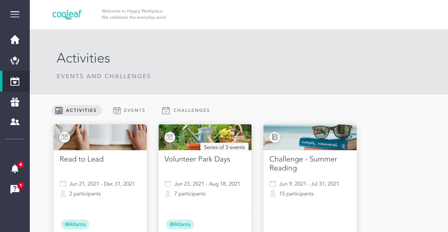 Dashboard for DEI activities on Cooleaf's experience platform