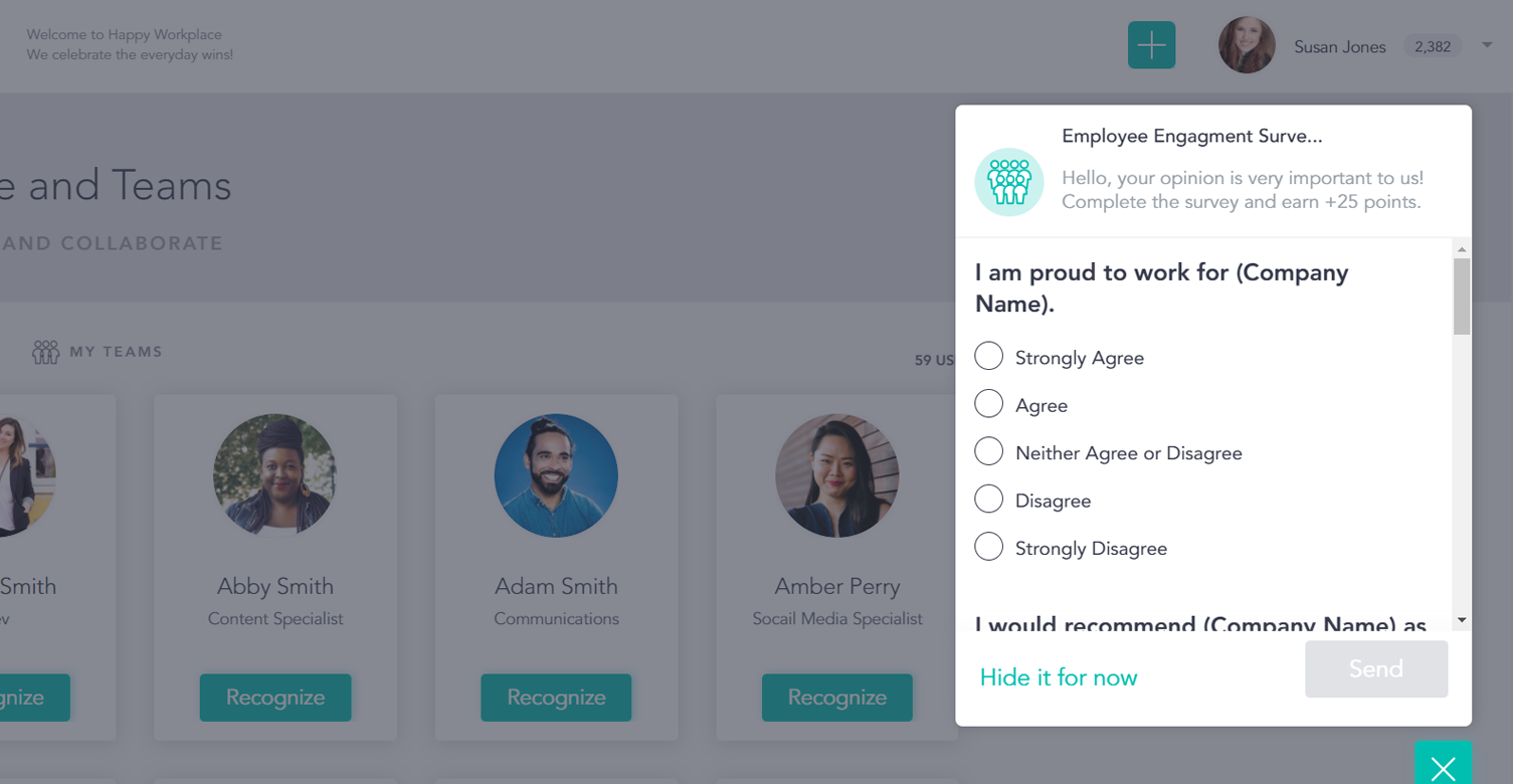 A view of the Cooleaf platform and how HR teams can gather employee feedback through the pulse survey feature.