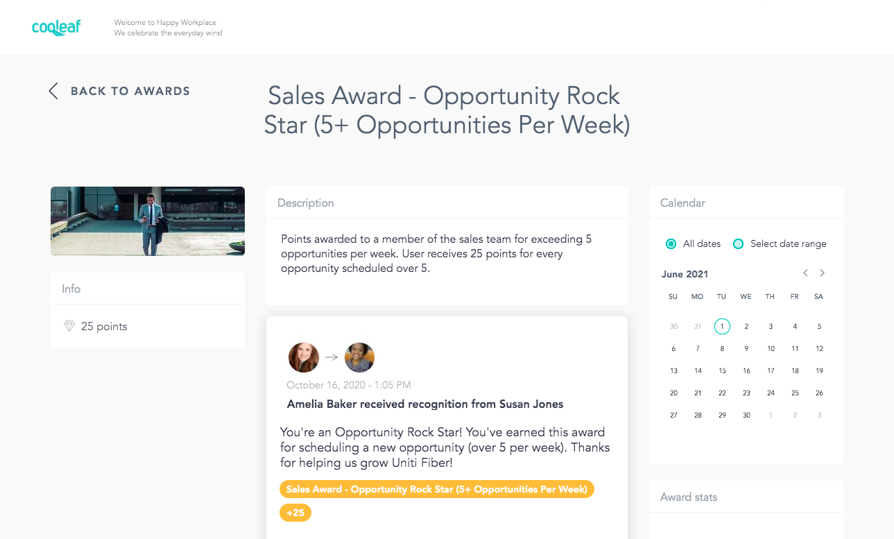 View of sales reward on the Cooleaf saas performance monitoring platform to reward employees for small wins