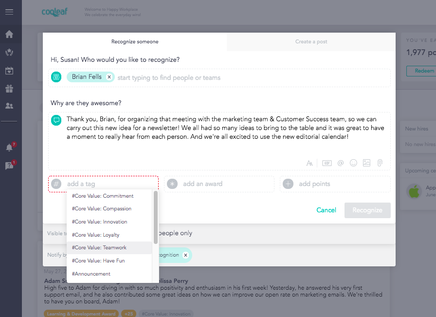 Cooleaf recognition dashboard for employees who are living up to organizational core values
