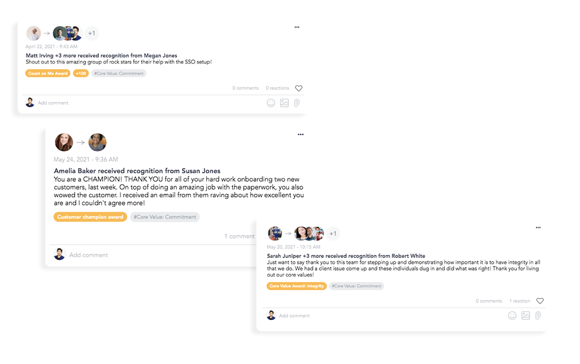 Examples of manager and peer recognitions on Cooleaf's employee engagement platform