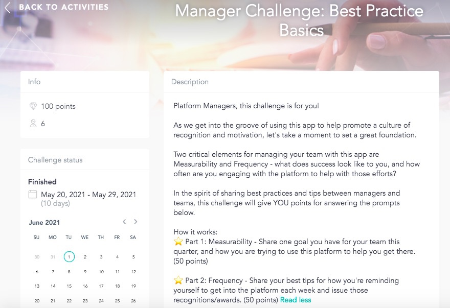 Managers interactive challenges calendar designed by Cooleaf's HR engagement software
