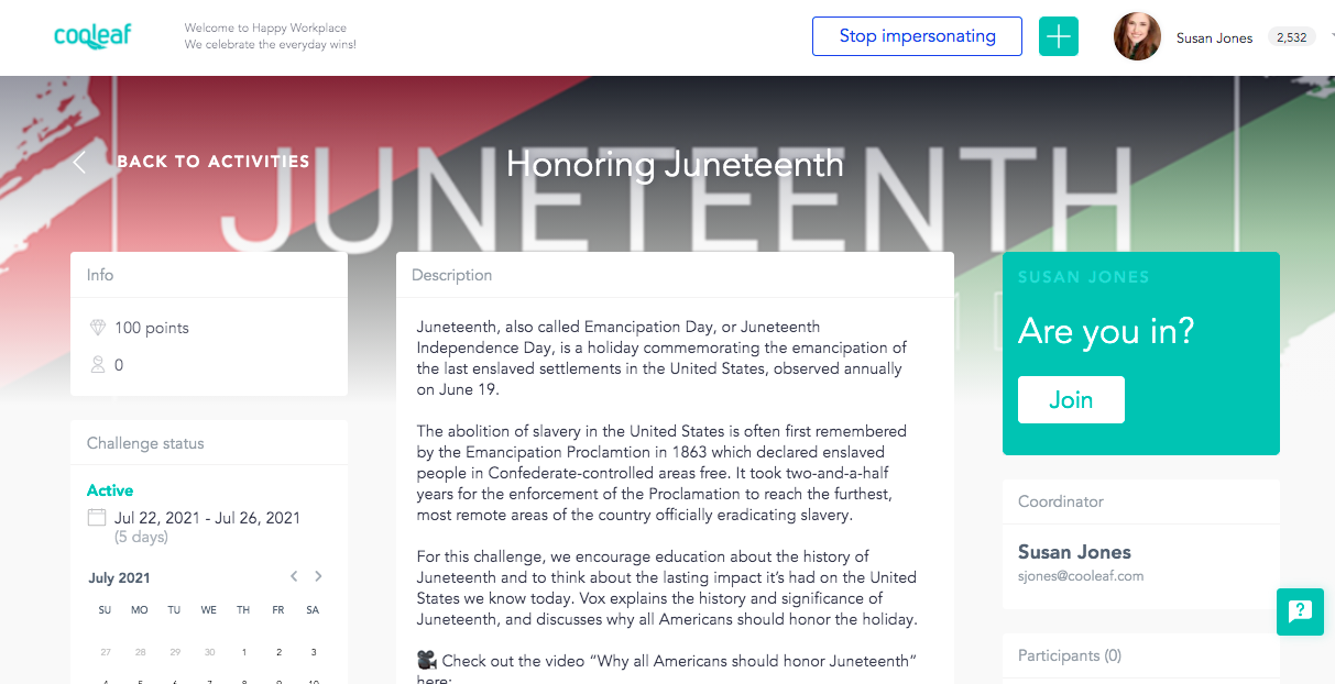 Online activity for teams focused on a DEI program on the Cooleaf paltfom