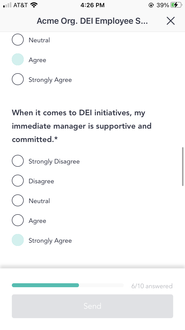 Employees provide anonymous feedback through pulse surveys in Cooleaf's DEI program