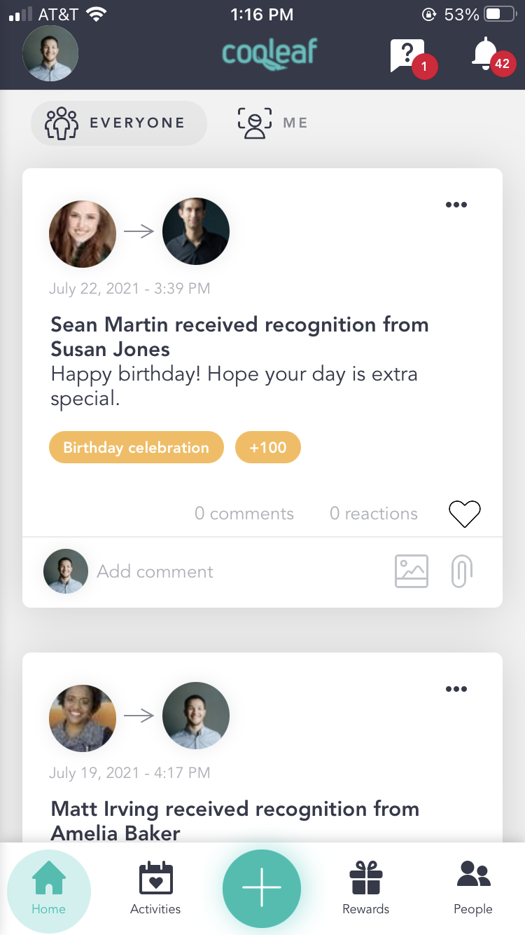 Example of Cooleaf’s recognition feed which helps teams members show appreciation and connect