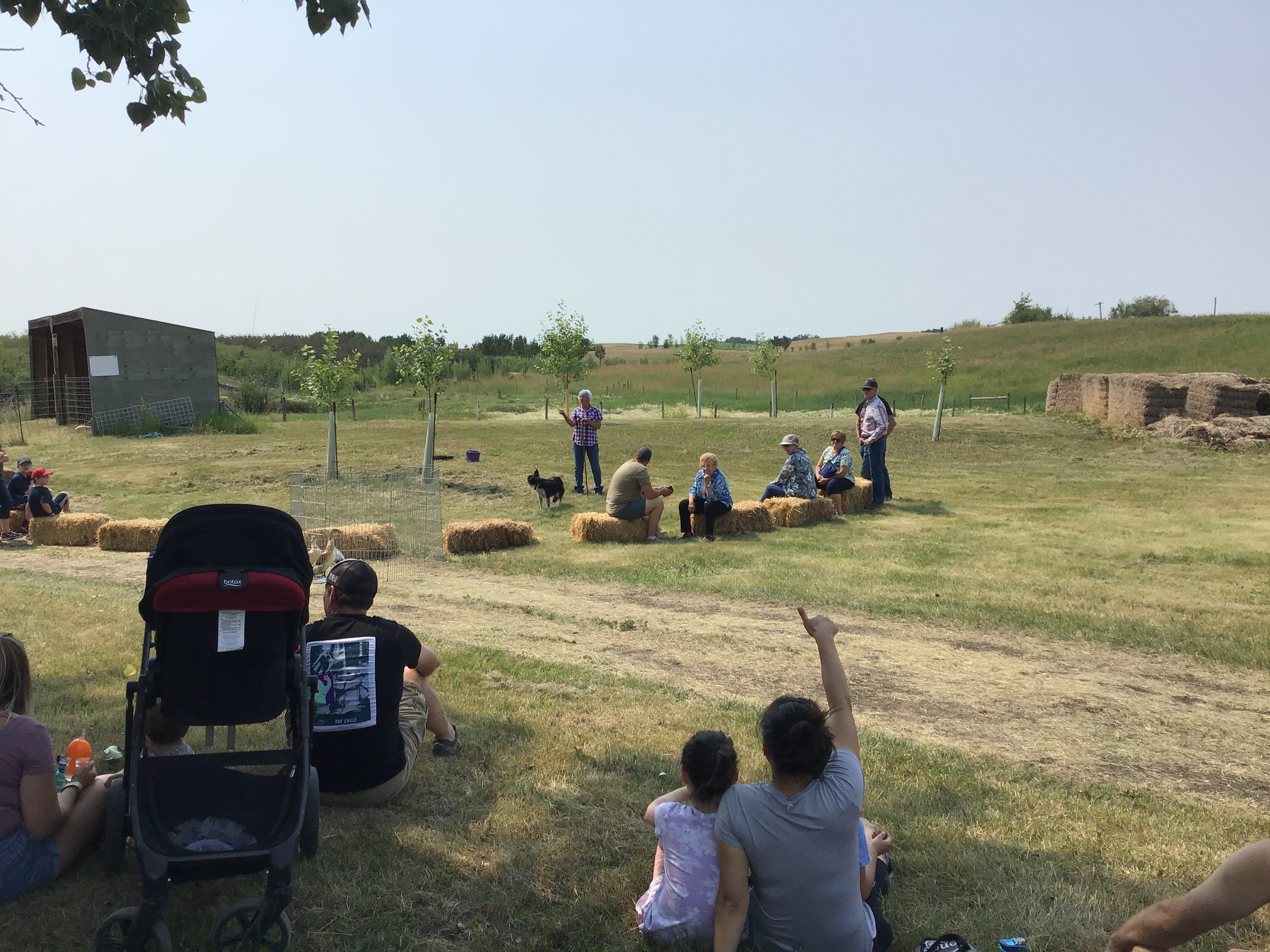 Family enjoying an outdoor concert, sitting on bales at DNA Gardens