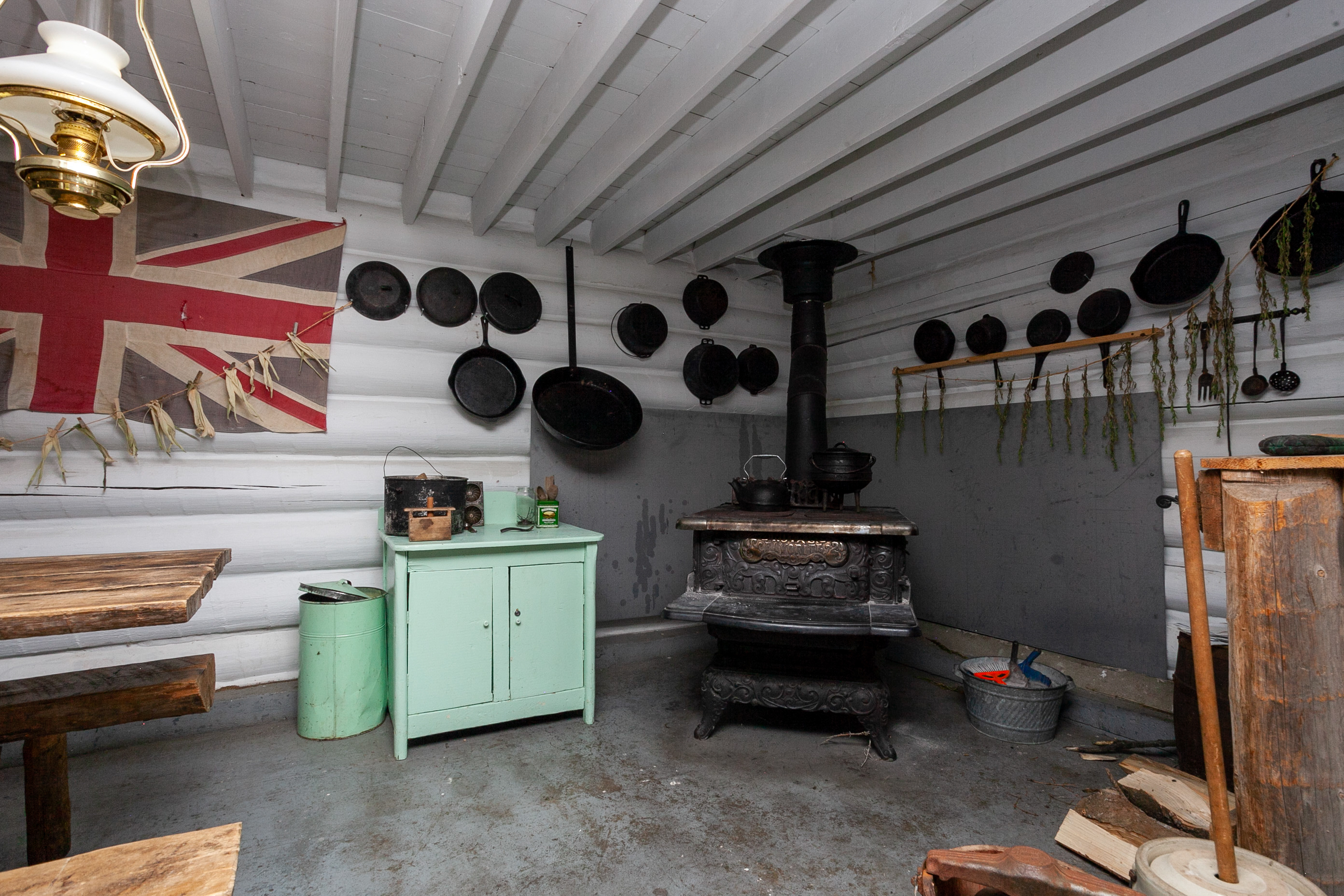 Inside of the recreated fort at Fort Normandeau with antiques on display that would have been used in the past