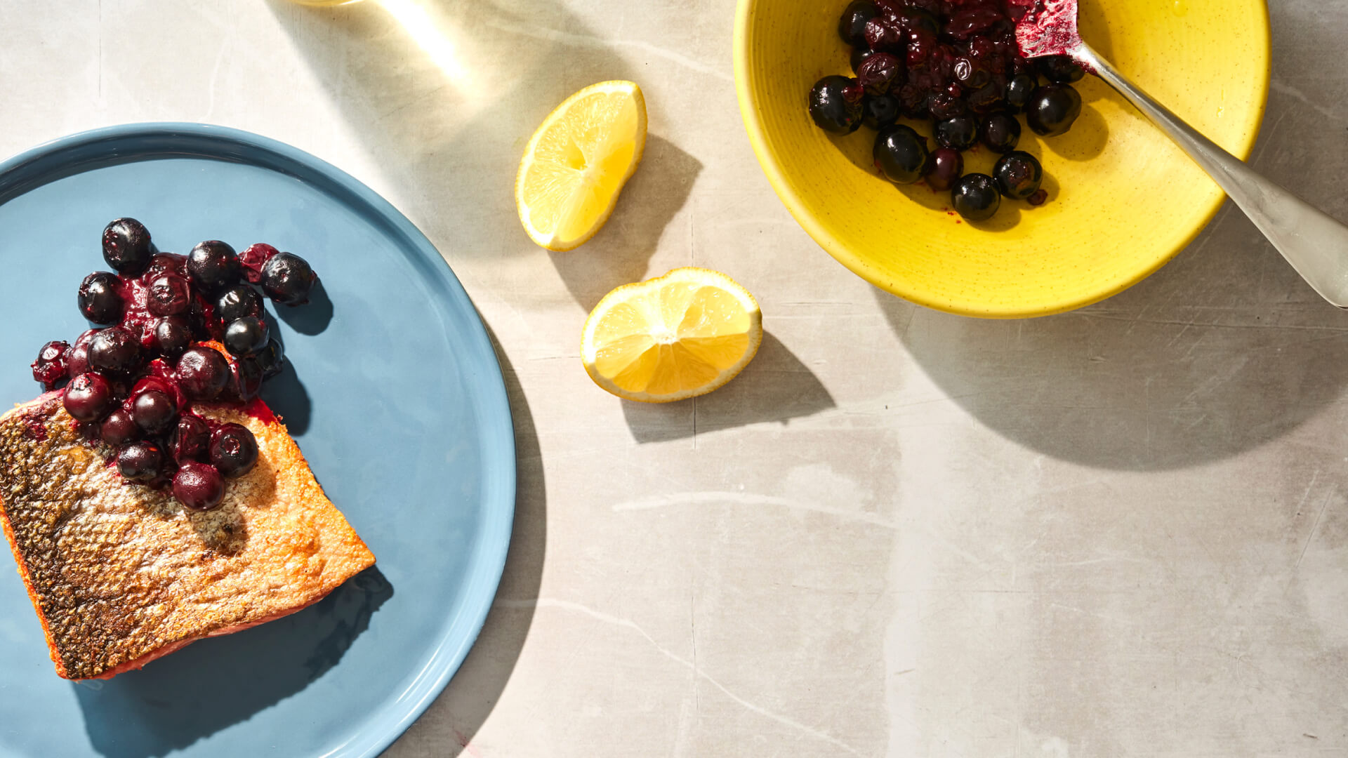 Crispy Seared Salmon with BlueberryThyme Compote