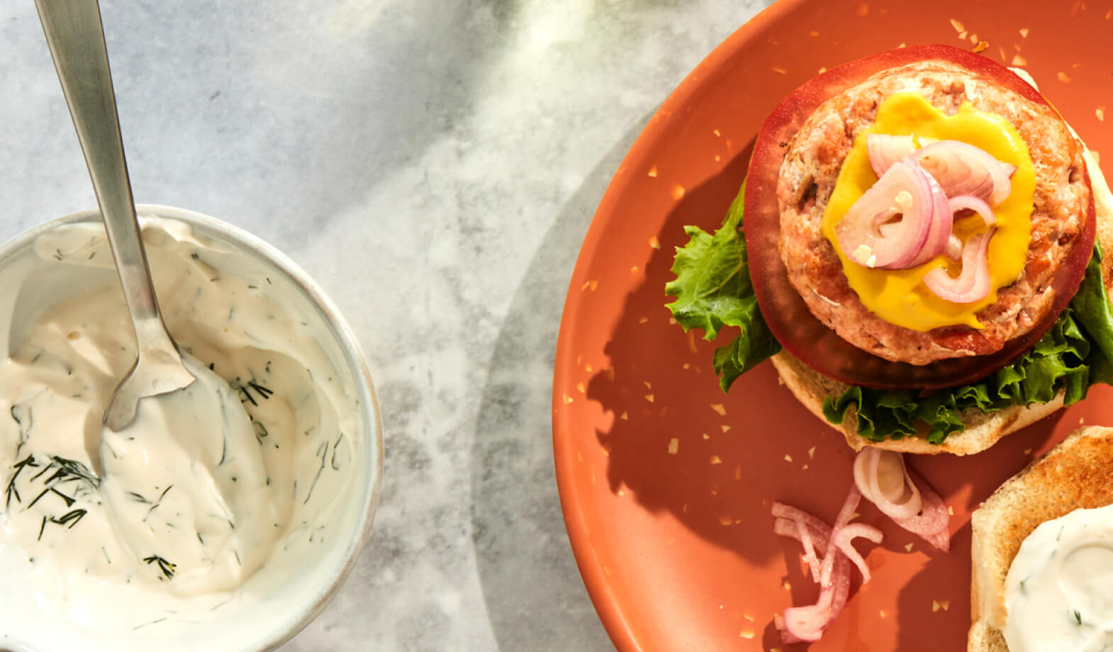 Salmon Burgers with Creamy Dill Mayo & Pickled Shallots