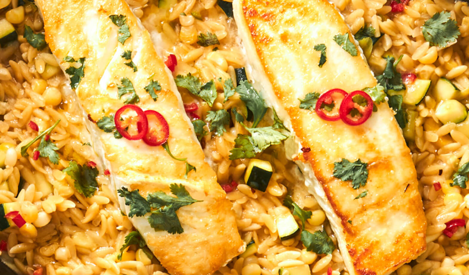 Summer Skillet Orzo with Seared White Fish