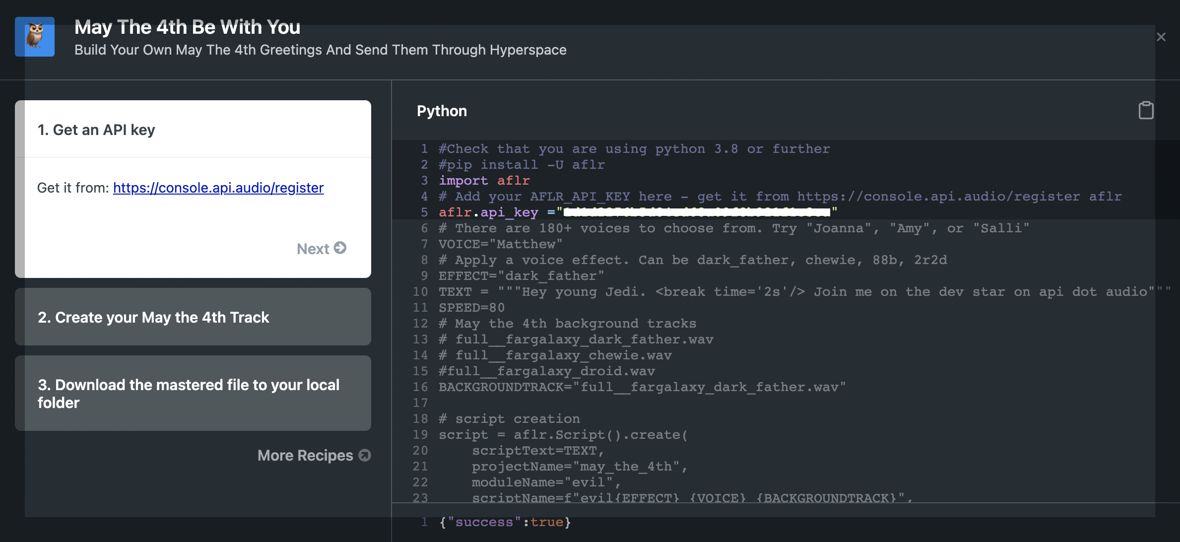 api.audio maythe4th recipe