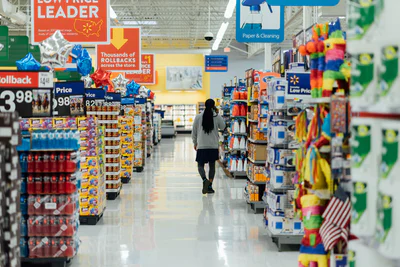 A man walking down a supermarket aisle