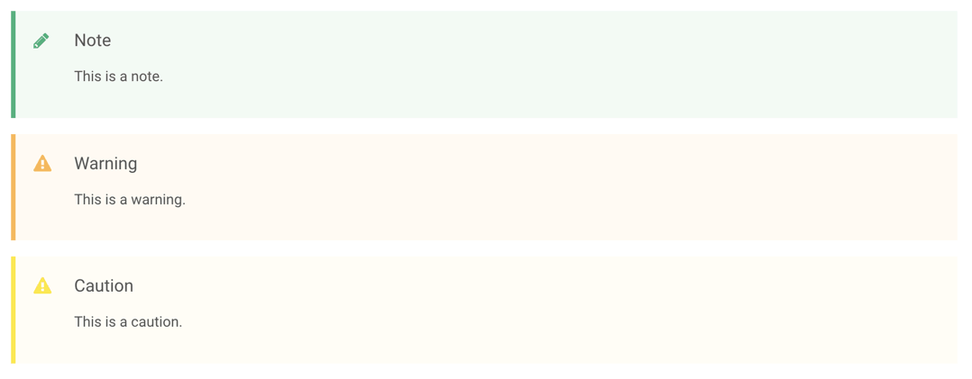 Paligo notes, warnings, and cautions have a pastel colour background and an icon.