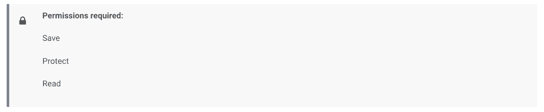 Custom section -permissions required box with grey background, padlock icon, and sidebar