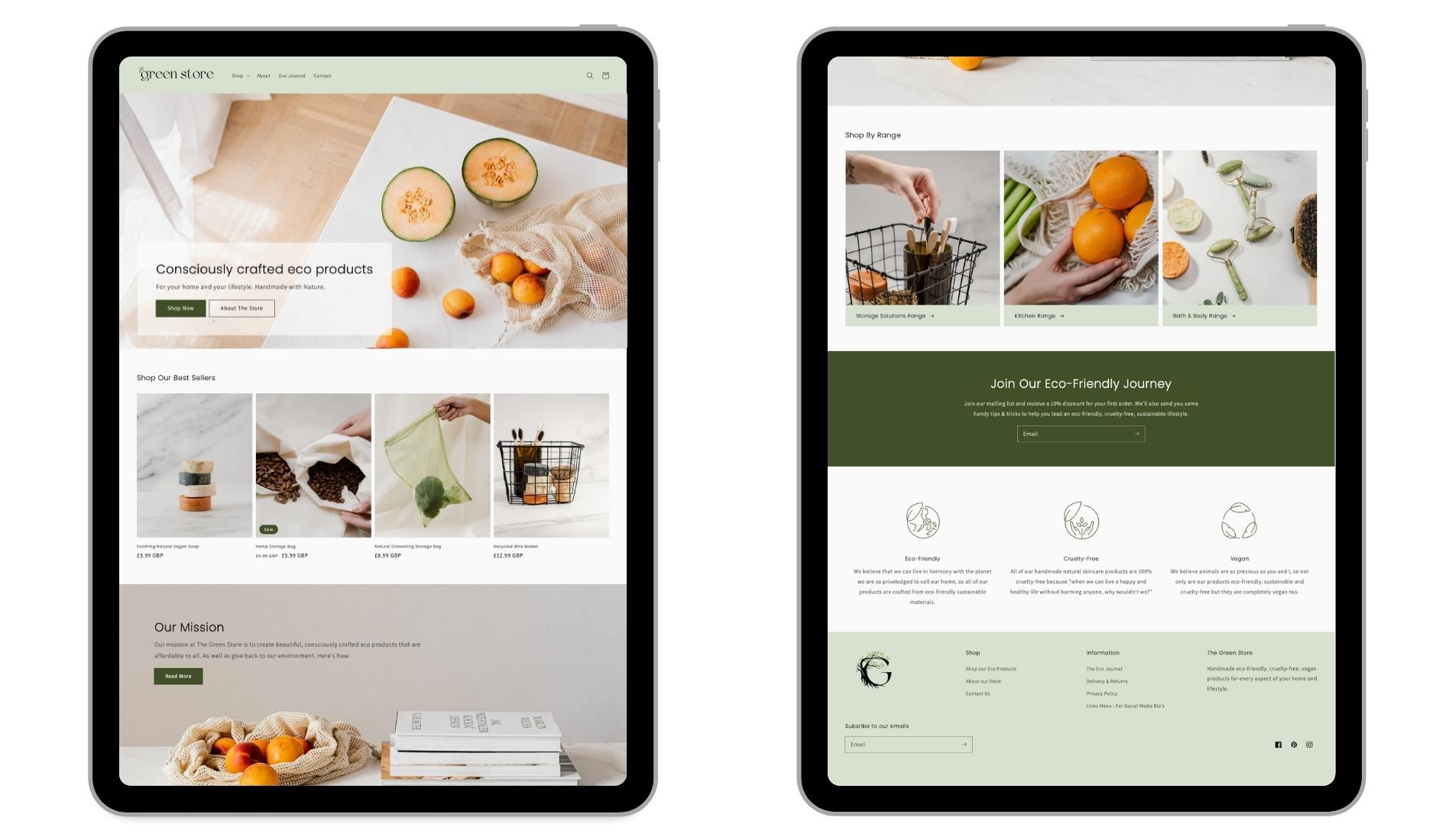 Two tablets displaying E-commerce Artisans portfolio piece for 'The Green Store', designed to preview the template used for the start-up package within the Etsy Upgrade.