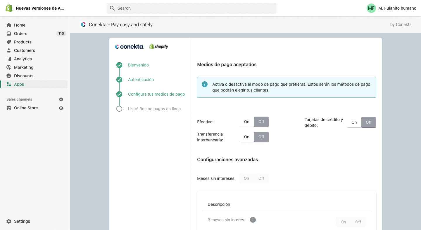 Esta es la vista de la configuración del plugin, debes activar o marcar en **ON** los métodos de pago de tu elección y los meses sin intereses que necesitas utilizar. Siempre puedes cambiar la configuración del plugin.