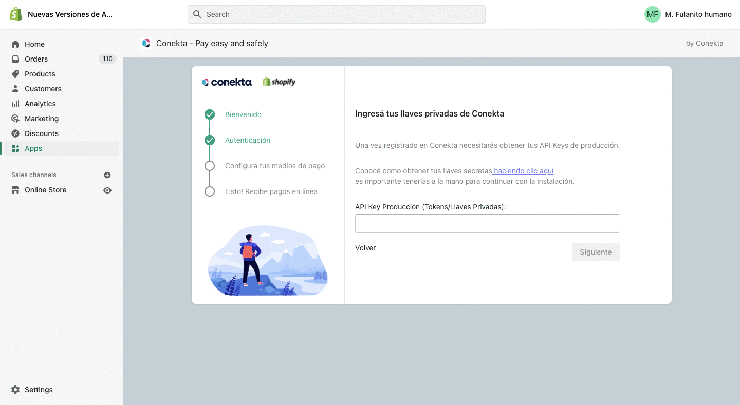 En esta vista debes proveer la **Llave privada** de tu cuenta Conekta en modo producción