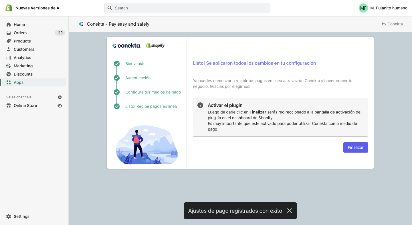 Una vez finalizada la configuración serás redireccionado a Shopify para activar el plugin