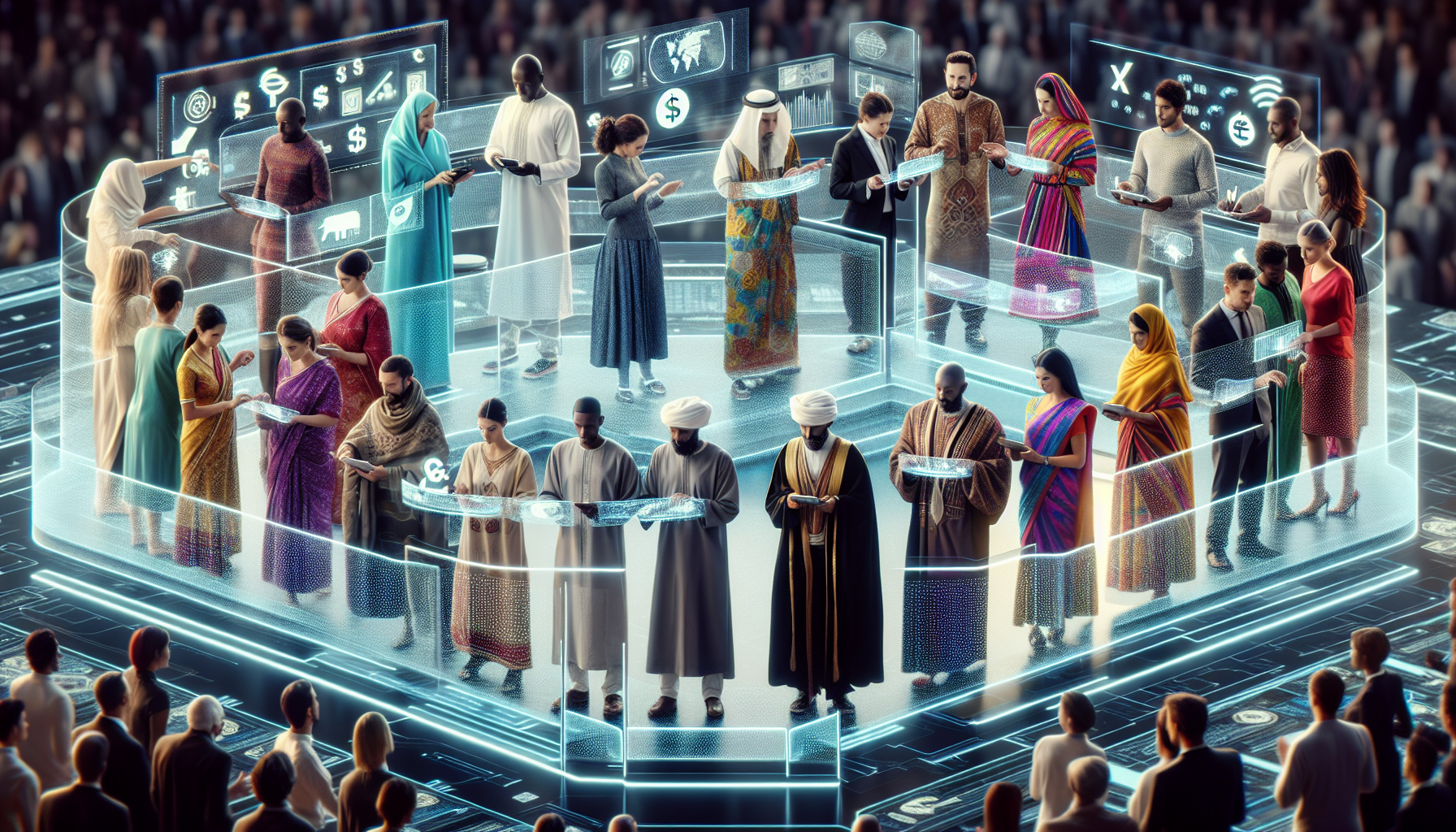 Illustration of a diverse group of business people making payment transactions on a platform