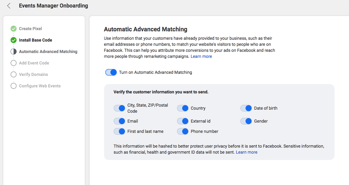 Choose whether you want to use Advanced Matching