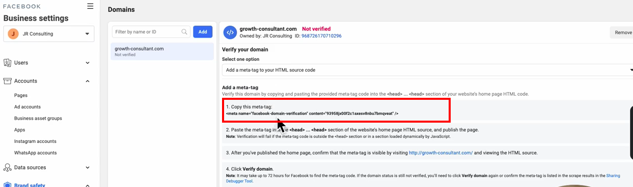 Copy Meta Tag to Verify Domain
