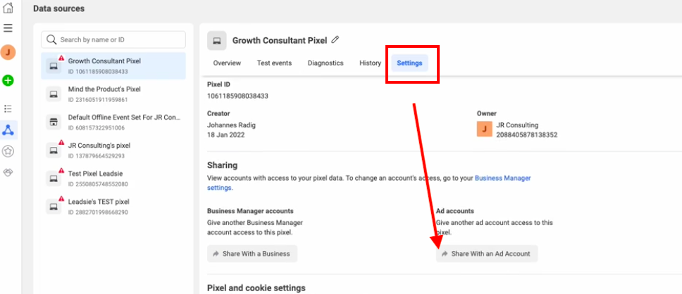 Under your pixel settings, click on "Share with an Ad Account"