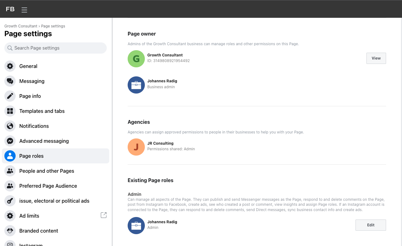 Facebook page settings