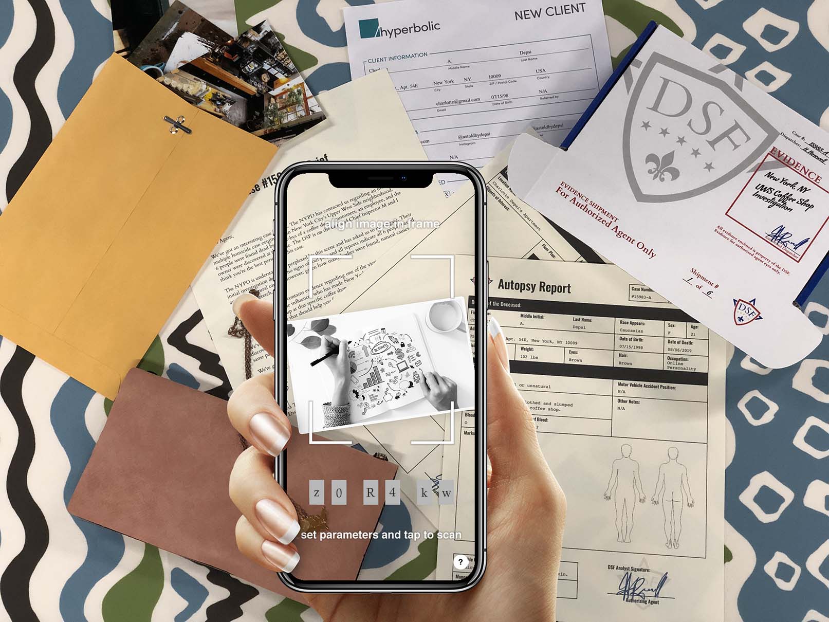 Rendered image of an AR app scanning various documents scattered on a table