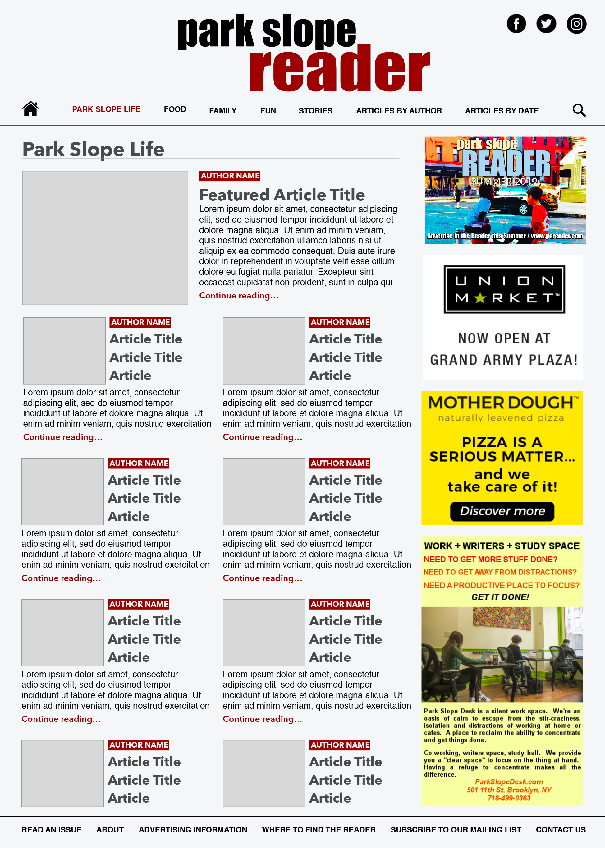 Screenshot of a redesigned version of the Park Slope Reader website