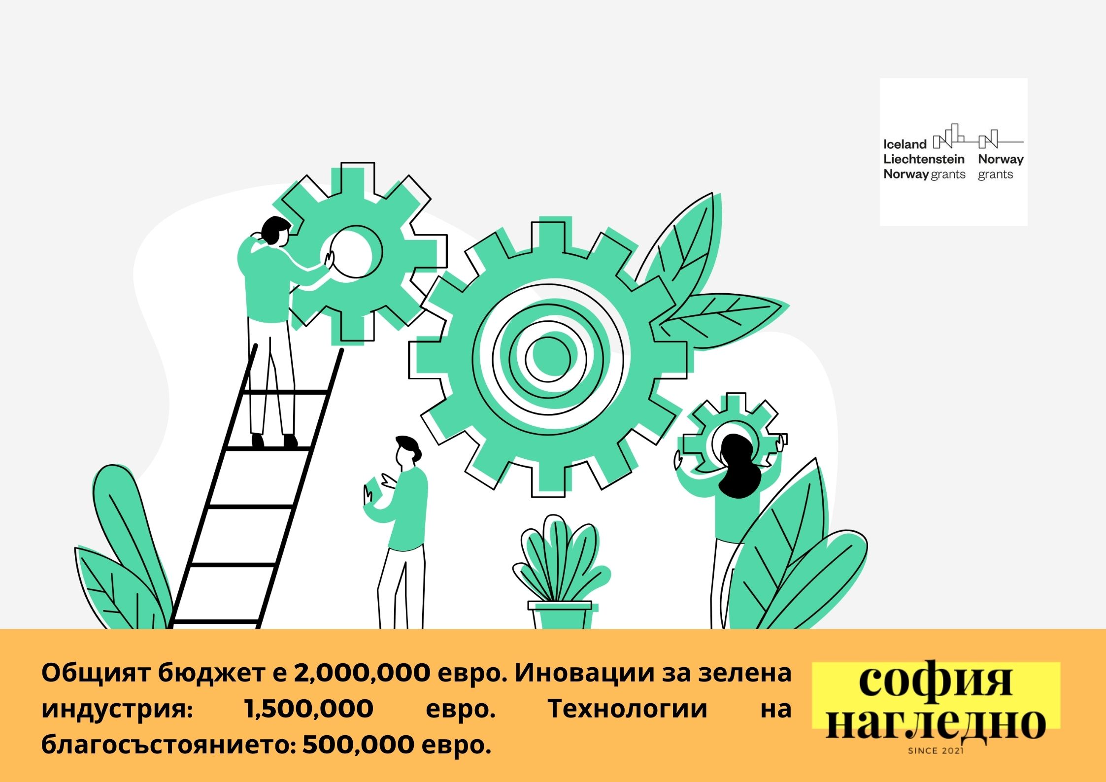 сив фон, илюстрация със зелени листа и зъбни колела, стълба и трима души; логото на Norway grants горе вдясно.