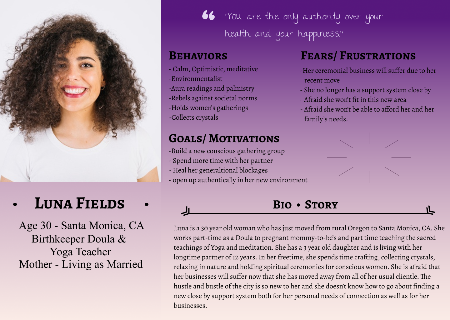Good looking and natural looking woman with curly hair picture on persona chart.