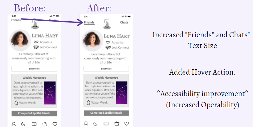 Before and After iterations of Ritualist app's profile page