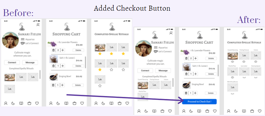 Before and after iterations of Ritualist app's checkout button