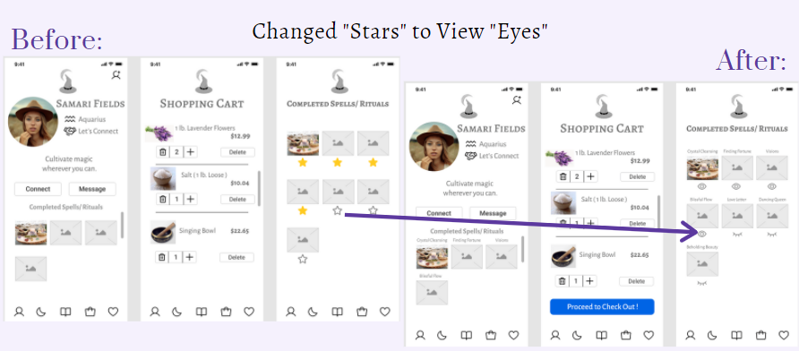 Before and after iterations of Ritualist app's completed spell's page