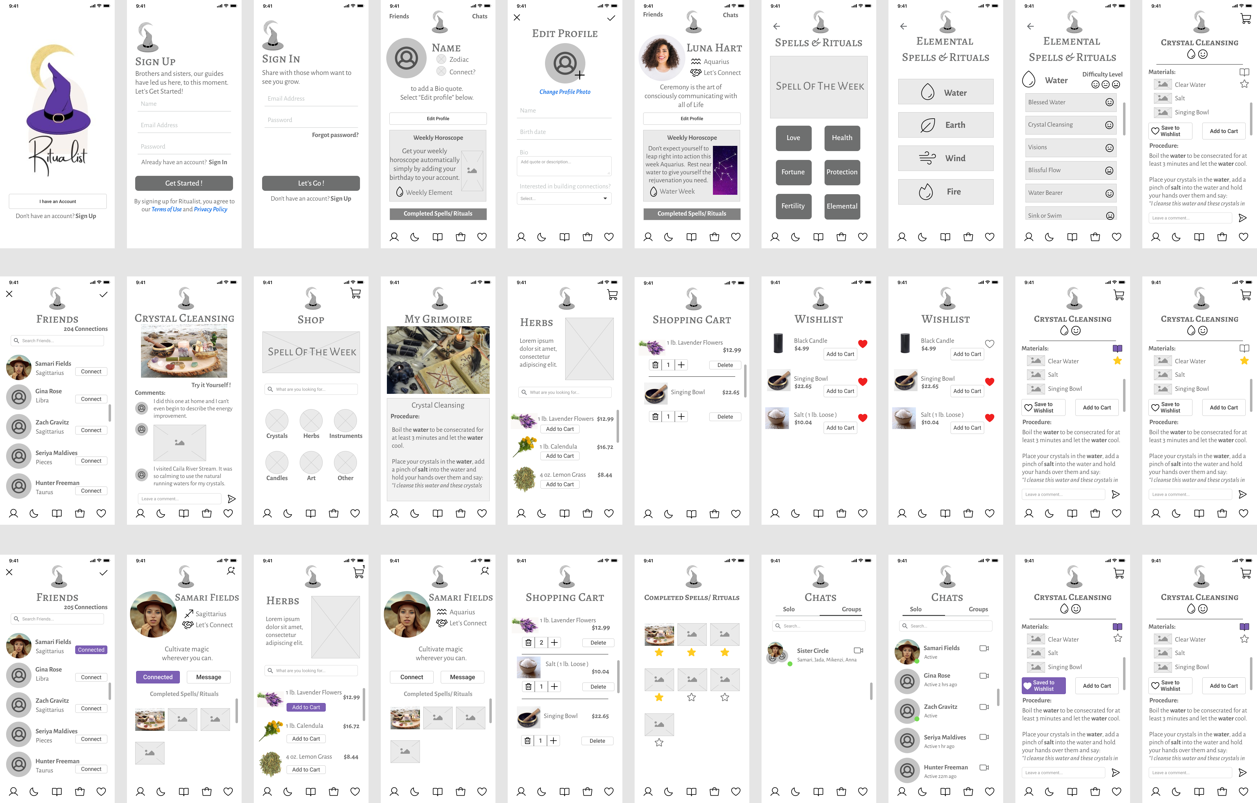 Ritualist app's final greyscale wireframes
